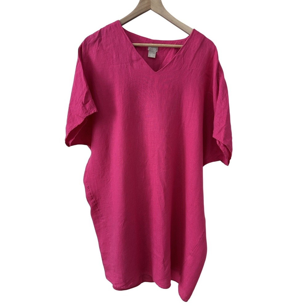 Chico's Tunic Size 2 Pink 100% Linen V-Neck Short Sleeve Relaxed Fit Top